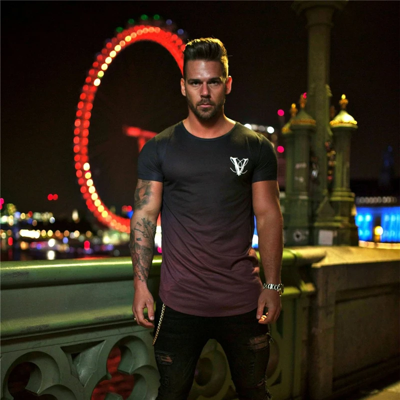 

2019 new Fashion Gradient color T Shirt Men Fast compression Breathable Mens Short Sleeve Fitness t-shirt Gyms Tight Casual Top