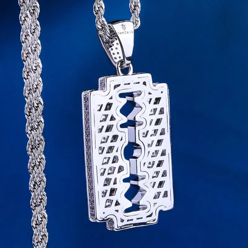 KRKC&CO White Gold Ice Out Double-Edged Razor Blade Pendant Hip Hop Jewelry for amazon/ebay/wish online store for Wholesale