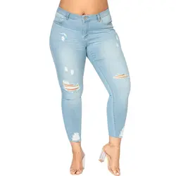 Новый плюс Размеры Для женщин Рваные джинсы узкие джинсовые узкие брюки для Для женщин джинсы Уничтожено отверстия Повседневное стрейч