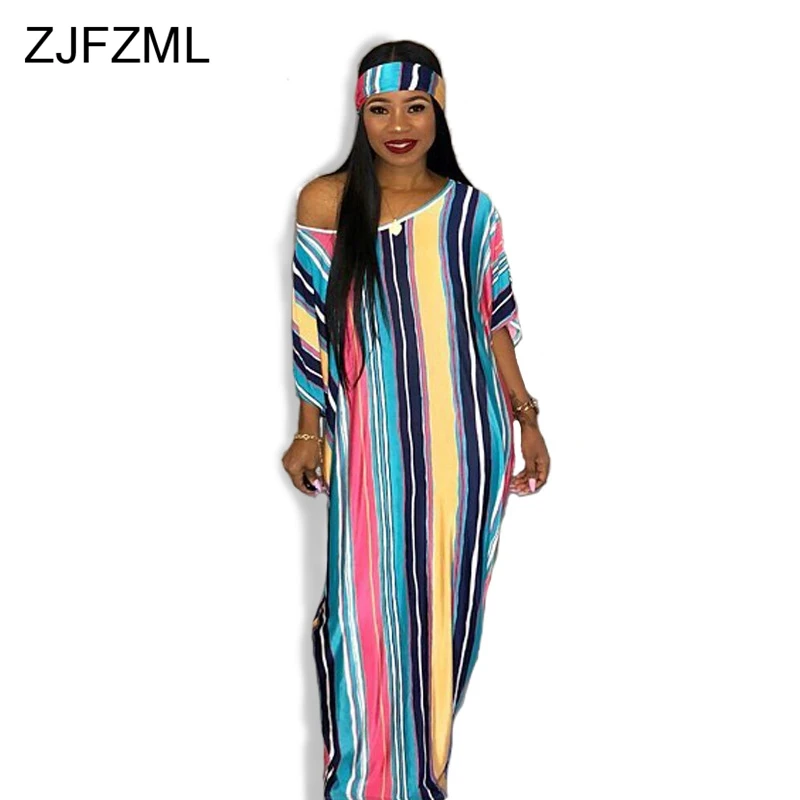 

Rainbow Striped Print Casual T Shirt Dress Women One Shoulder Short Sleeve Long Maxi Dress Sexy Loose Bohemian Dress With Scarf