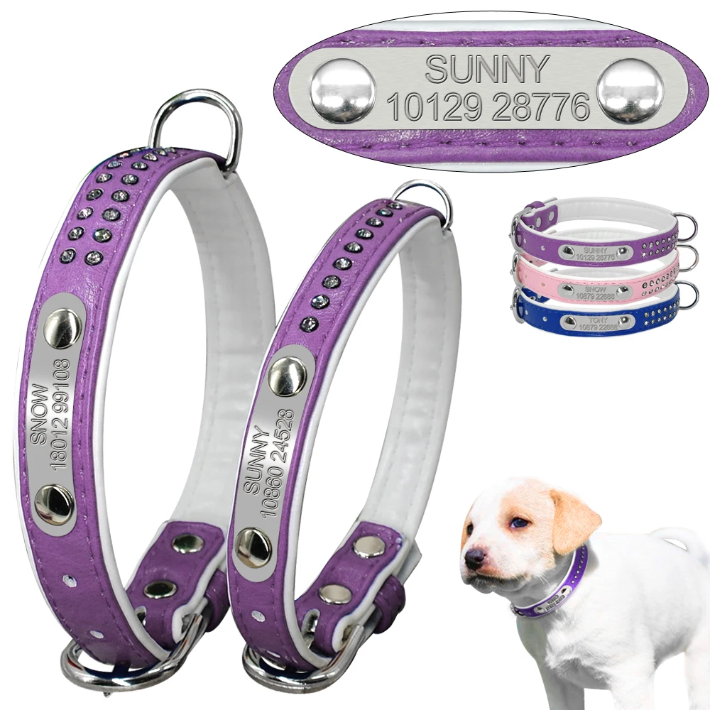 

Soft Crystal Personalized Dog Collar Customized Padded Dogs Engraved Name ID Collars For Small Medium Dogs Cats Puppy Kitten