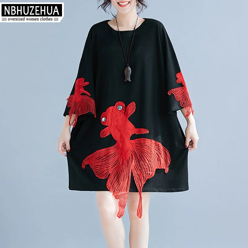 

NBHUZEHUA A136 Big Size Women Dresses Goldfish Embroidery Vintage Black T Shirt Dress Summer 2018 Party Dress Plus Size 5XL 6XL