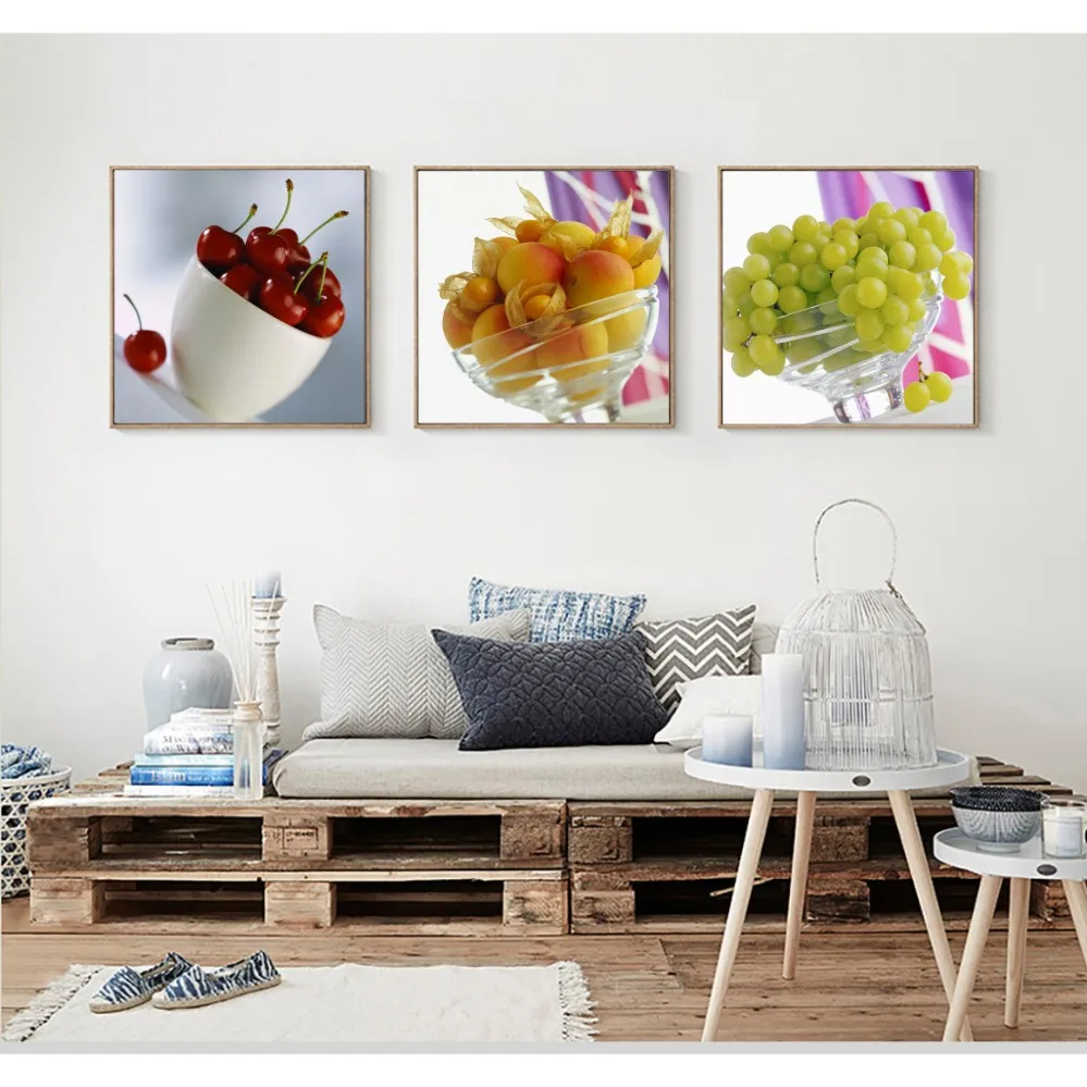 3 Панели, печатные картины на холсте, ресторан, фрукты, вишня, виноград, современные модульные картины для кухни, Декор на стену, искусство для жизни