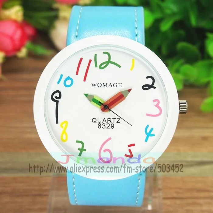 100 шт Womage-8329 модные часы с большим циферблатом, кожаный указатель, парные цветные кварцевые часы с номером, супер продавец