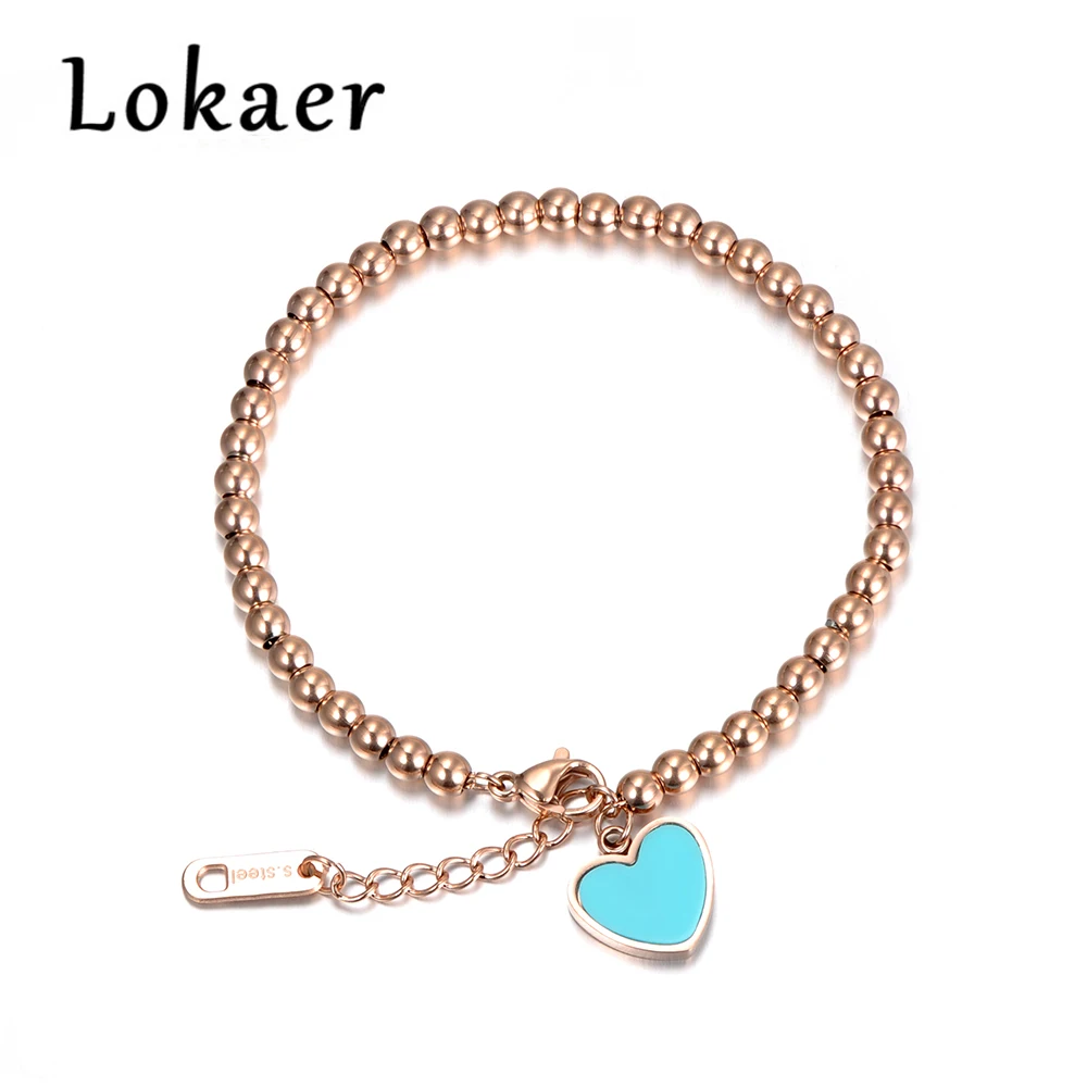 

Lokaer Classic Pink/Blue Heart Charm Bracelets & Bangles For Girls Trendy Stainless Steel Silver/Rose Gold Color Bracelet