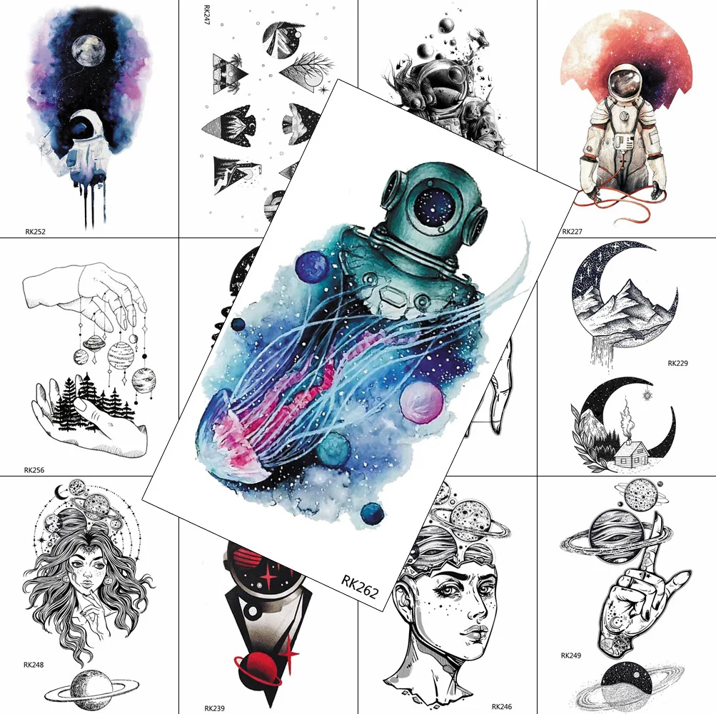 Watercolor Jellyfish Astronaut Temporary Tattoo Fake Waterpoof Realistic Planet Moon Start Sticker For Adult Body Art Arm Tattoo Aliexpress