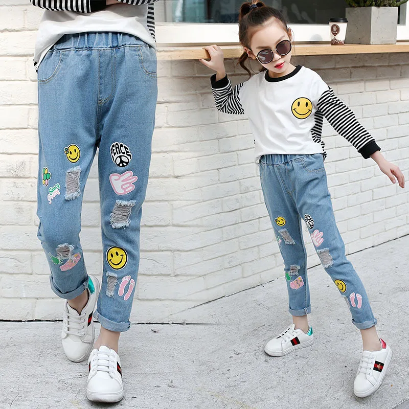 Брендовые Детские джинсы для девочек; хлопковые джинсы с рисунком для маленьких девочек; джинсы с принтом; детские свободные длинные штаны; TZ03