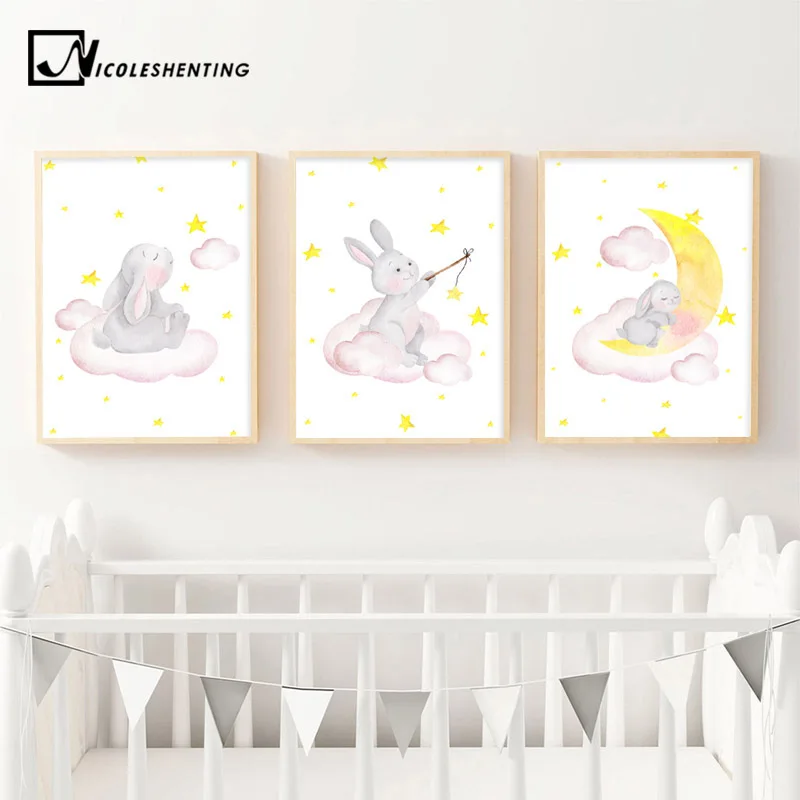 

Children Poster Animal Bunny Moon Nursery Wall Art Canvas Print Painting Decorative Picture Nordic Kid Baby Bedroom Decoration