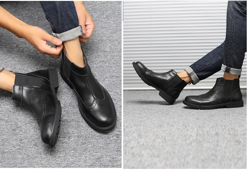 Casual Shoes Mens Ankle Chelsea Boots' Casual Leather Boots Men Luxury Round Toe Fashion Boot Slip-On Winter Boots Men Big Size (9)