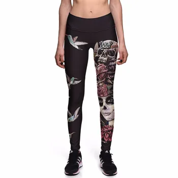 

Harajuku Bird Skull Black Workout Casual Trousers S To 3xL 3 Patterns High Waist Elastic Halloween Pants