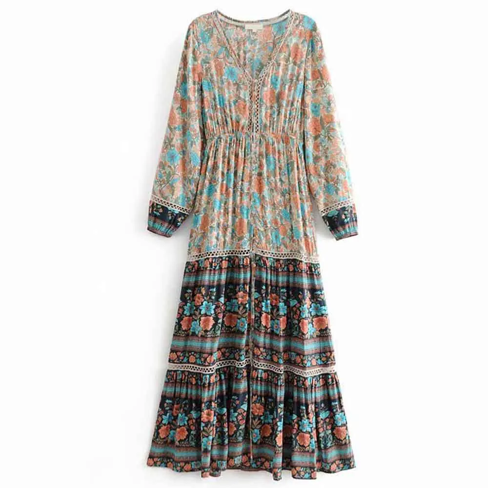 

ANSFX Ethnic Bohemian V-Neck Location Floral Print Spliced Hollow Out Lace Single-breasted Elastic Waist Long Sleeve Women Dress