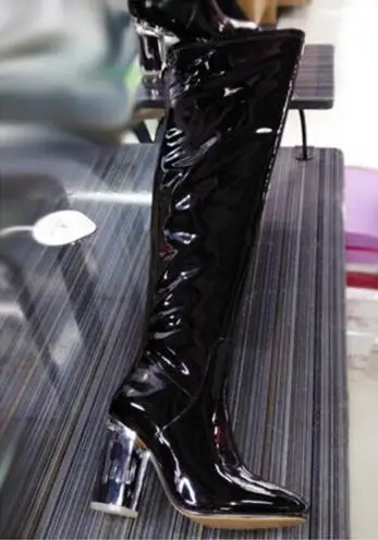 Демисезонные черные «резиновые» ботфорты из лакированной телячьей кожи Модные дамские сапоги на каблуках 9 см - Цвет: long