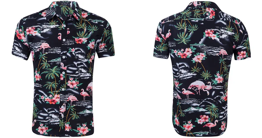 Летняя гавайская рубашка с короткими рукавами мужская хлопковая Фламинго Цветочная принтованная повседневная одежда мужская одежда Мода XXL Ou код