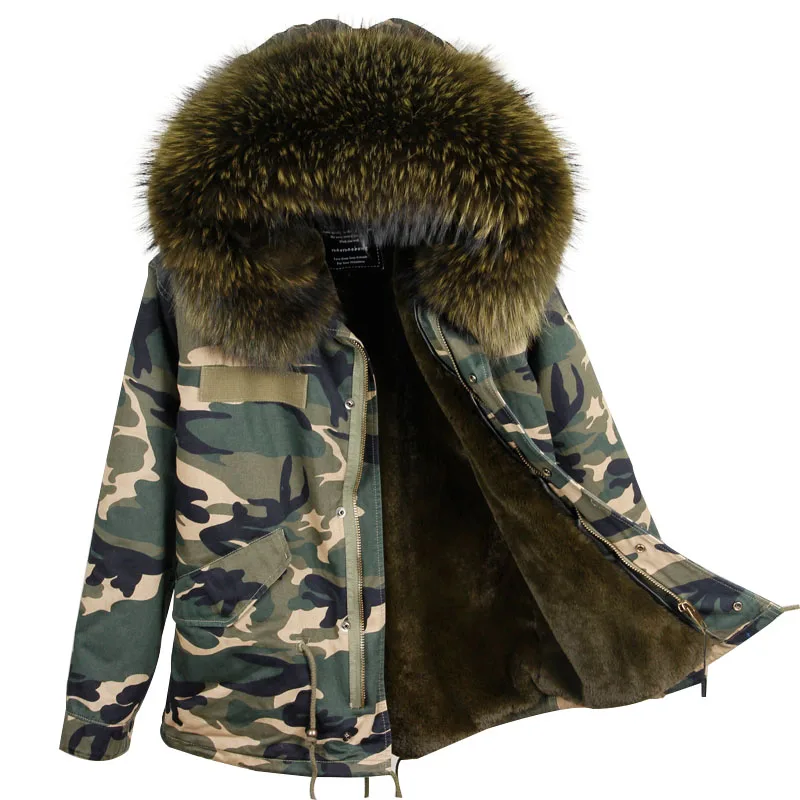 

2019 New Fashion Women Winter Camouflage Fur Coat Short Long Faux Fur Liner Lady MR Style Real Raccoon Collar Fur Jacket