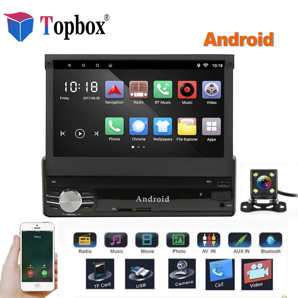 

Topbox 1Din Android Car Multimedia 7" Quad Core 6.0 Car Styling 1 din Autoradio GPS WIfi Car Audio Player Bluetooth With Camera