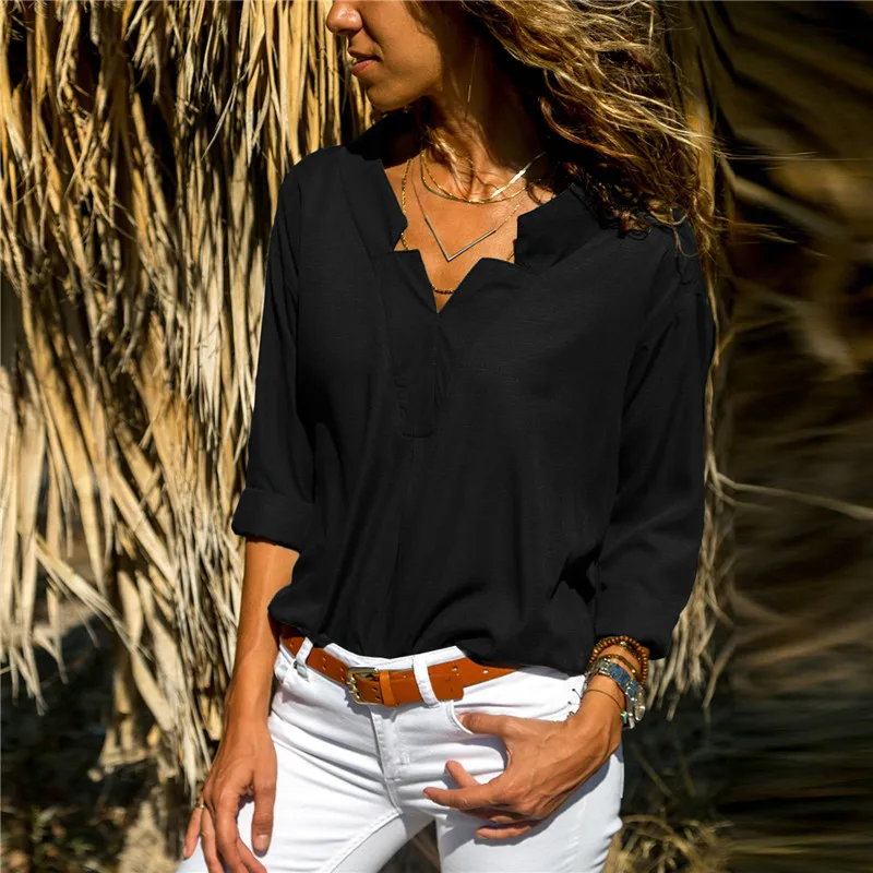

Spring Women Blouses Solid Long Sleeve Shirts Sexy V-neck Blouse Elegant Top Womens Loose Casual Tunic Shirt Plus Size Blusas