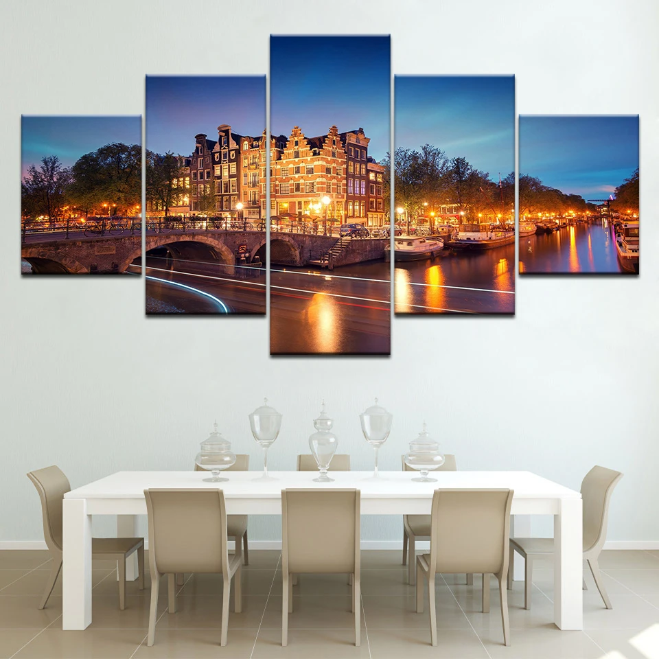 

Canvas HD Prints Paintings Home Decor 5 Pieces Amsterdam City Building Night Scenery Poster Modular Pictures Wall Art Framework