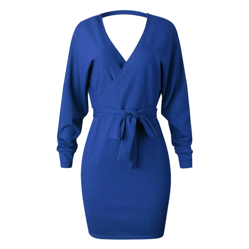 Сексуальное женское платье-свитер, осеннее платье, женское платье с v-образным вырезом, длинный рукав, шнуровка, мини-одежда для женщин, однотонное платье для женщин - Цвет: Тёмно-синий