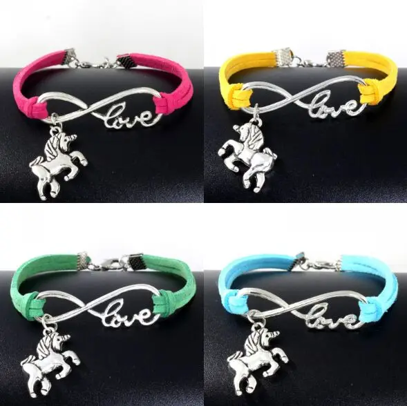 

1pc infinity handmade bracelet Vintage Animals Antique Silver Horse Unicorn Charms Infinity Rope Leather Bracelet 6360-6364