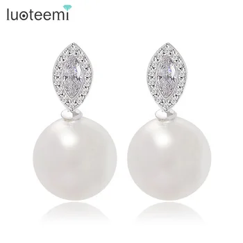 

LUOTEEMI Marquise Cut Cubic Zircon with White Rond Imitation Pearl Stud Earrings for Women White Gold-Color Cute Gift for Girl