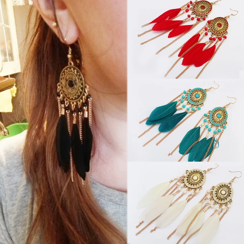 

2019 New Arrival Feather Tassel White Boho Exquesite Red Long Drop Earring Green Unique Big 1Pair Girls Bead Flower Black Women