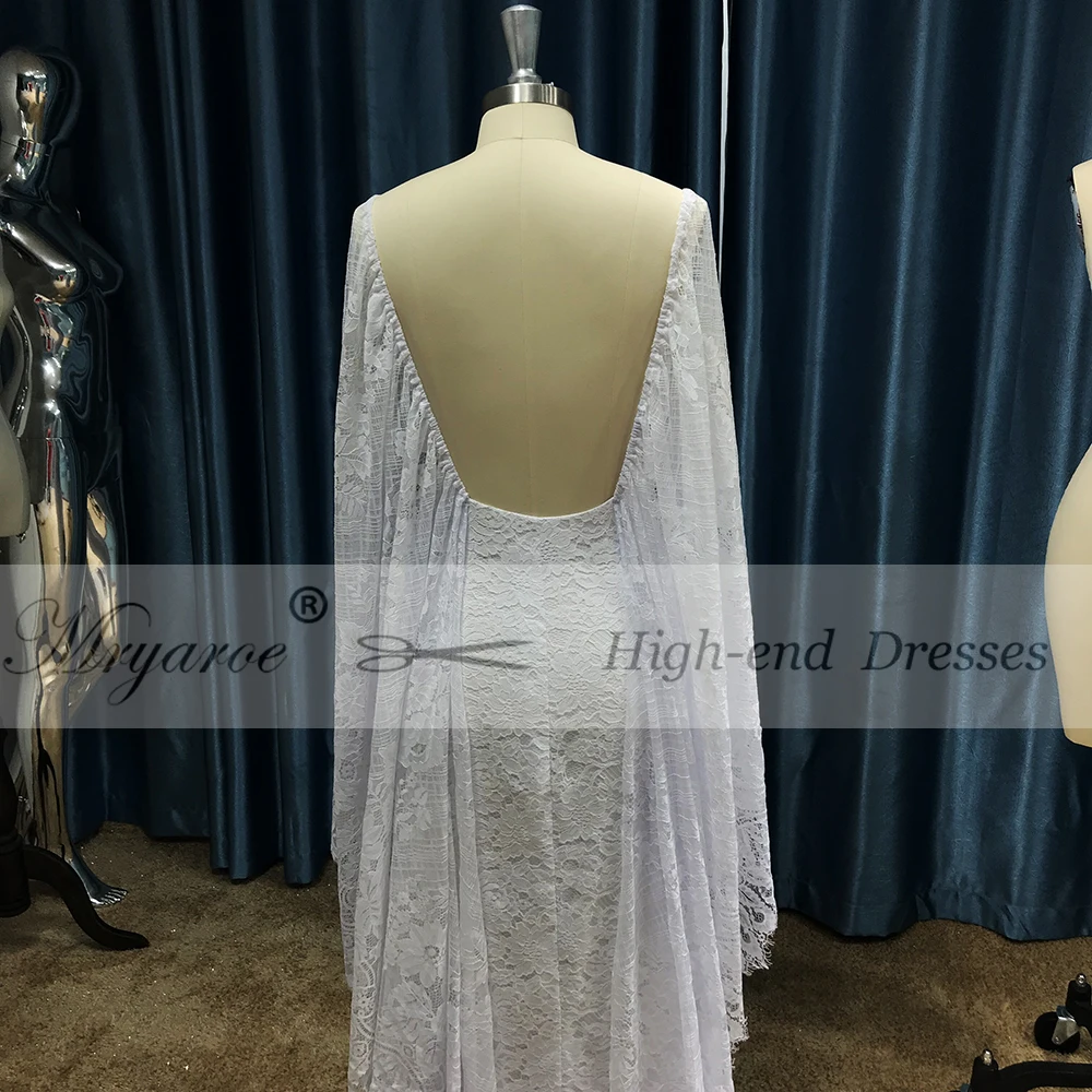 Mryarce New Unique French Lace Bohemian Wedding Dresses Open Back Front Slit Boho Chic Bridal Gowns With Cape  (1)