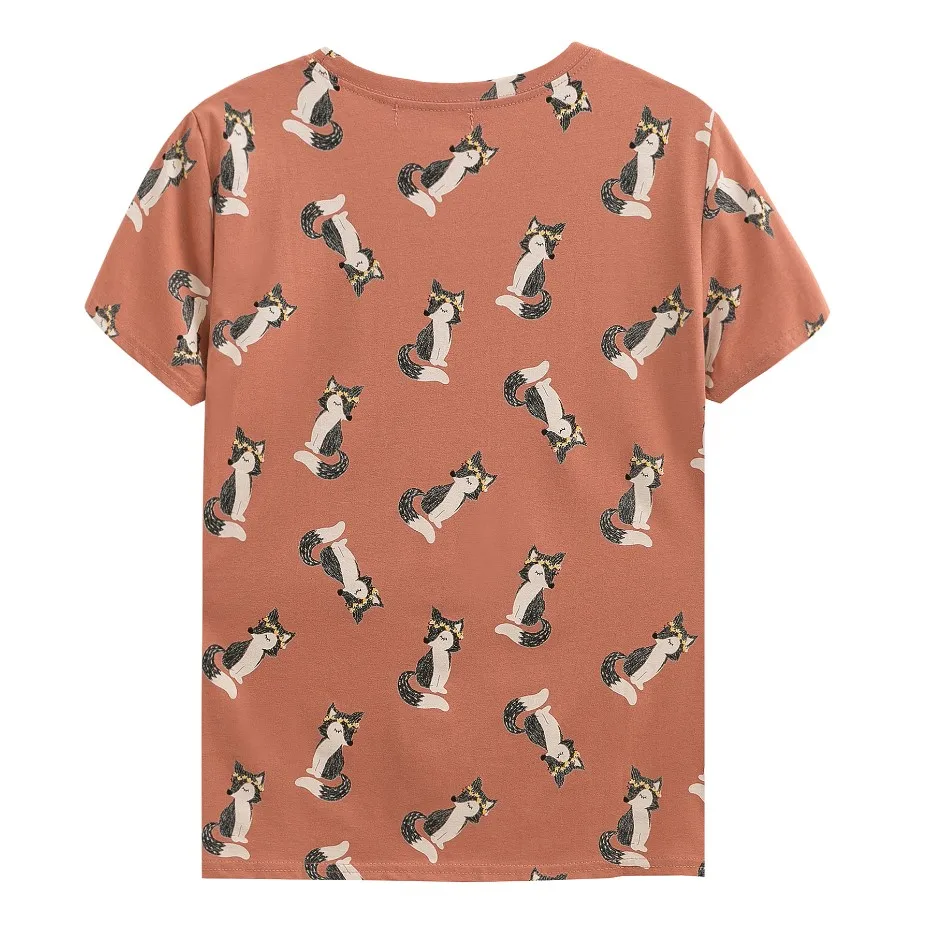 JKKUCOCO Wreath little Fox Print Top quality Cotton t-shirt Women Tops Short Sleeve Casual T-shirt Women Shirt Casual t shirt JKKUCOCO Wreath little Fox Print Top quality Cotton t-shirt Women Tops Short Sleeve Casual T-shirt Women Shirt Casual t shirt