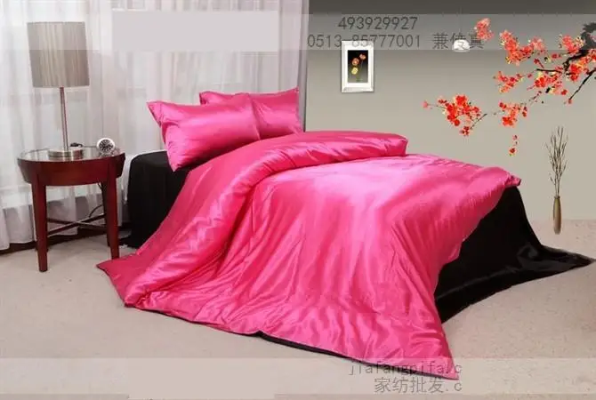 Ярко-розовое черное шелковое постельное белье, комплект, двуспальное одеяло размера king, пододеяльник, кровать в сумке, простыни, покрывала, постельное белье, постельное белье для спальни