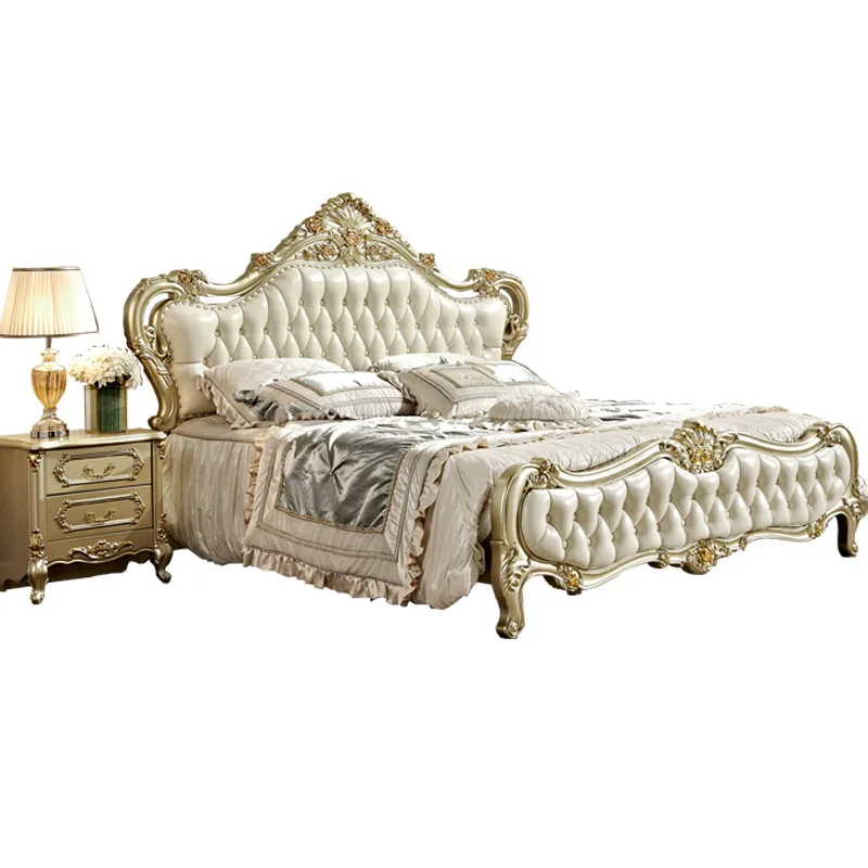 

European style bedroom furniture luxury gold leather bed