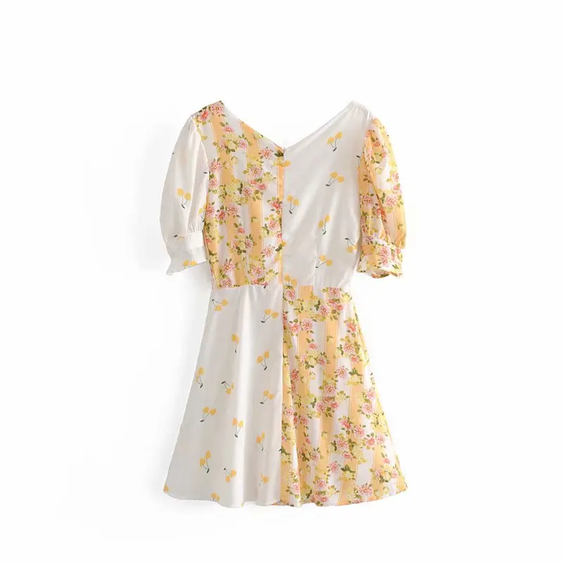 Желтое и белое платье с цветочным принтом, винтажное мини-платье с рукавами-фонариками и глубоким v-образным вырезом на пуговицах, пляжные шикарные платья для девушек, лето - Цвет: as picture