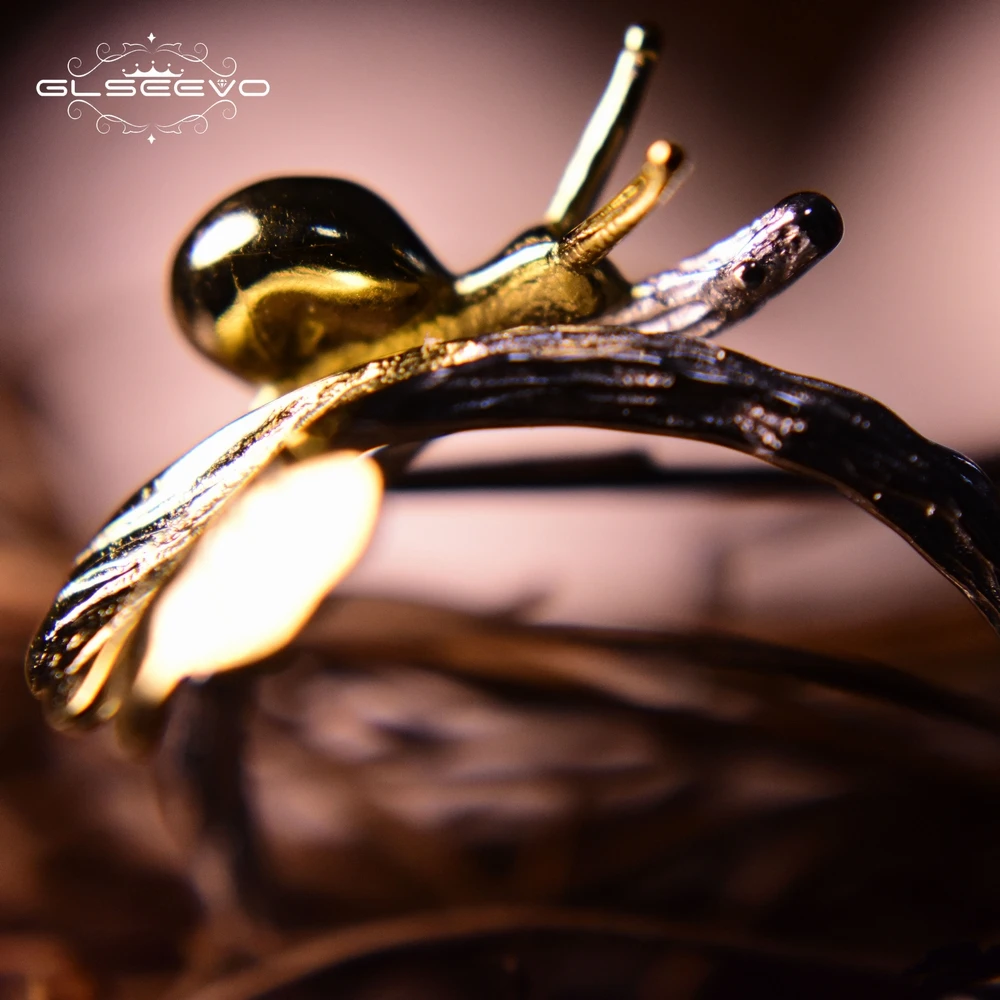

GLSEEVO Real 925 Sterling Silver Ring Gold Color Snail Ginkgo Leaf Adjustable Women's Ring Fashion Jewelry Anel Feminino GR0004