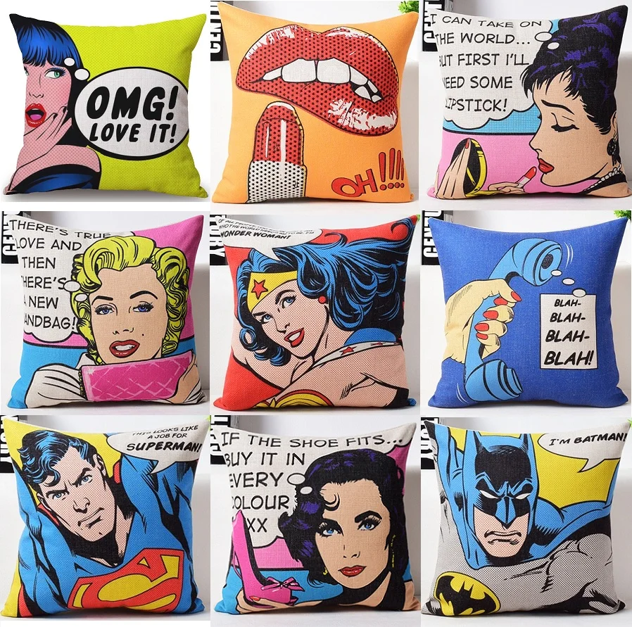 

American Pop Art Cushion Cover Telephone Lipstick Audrey Hepburn Superman Batman Hero Cushion Covers Sofa cute Pillow Case