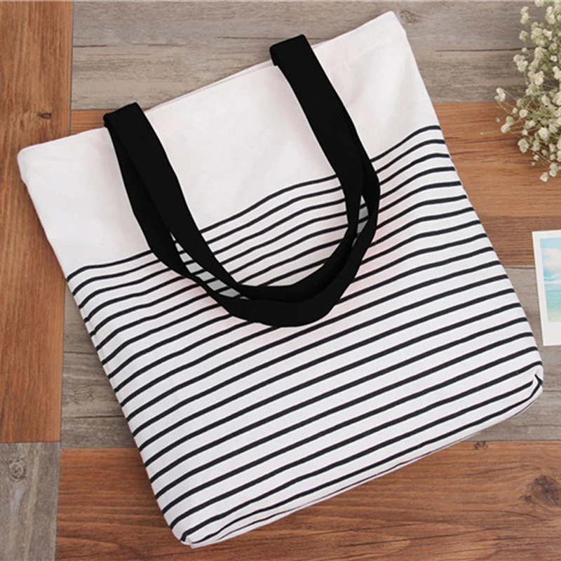 Cotton Stripe Canvas Shopping Tote Shoulder Carrying Bag Eco Reusable Bag Zippered Small Shopping Bag Cotton Stripe Canvas Shopping Tote Shoulder Carrying Bag Eco Reusable Bag Zippered Small Shopping Bag