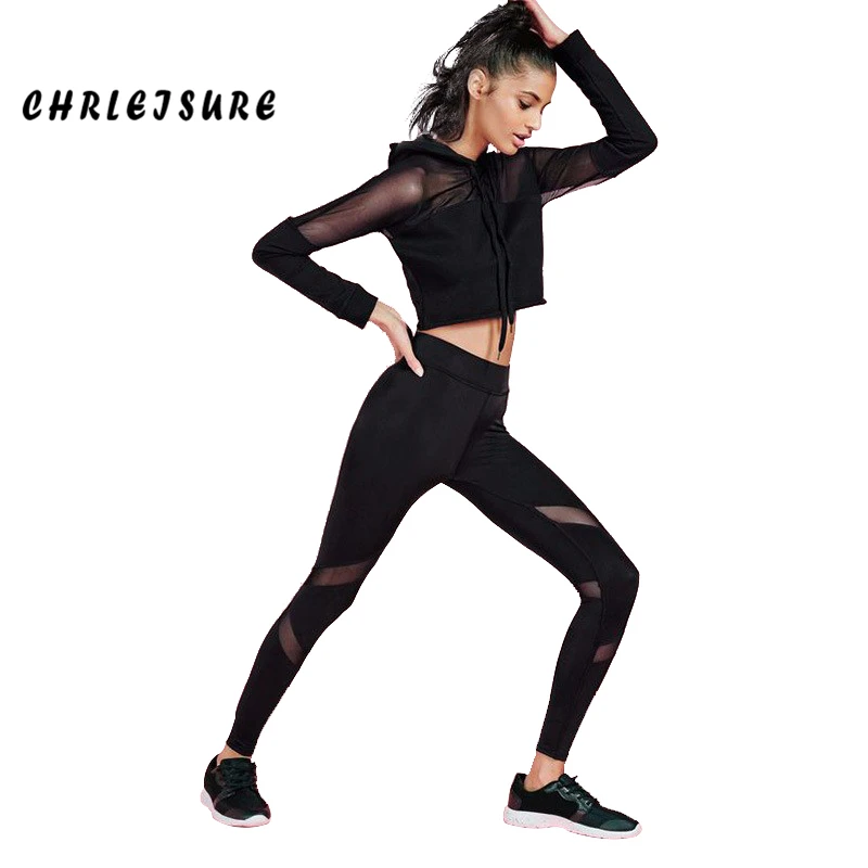 

CHRLEISURE Black Women Set Polyester Sexy Mesh Stitching Short Crop Tops High Waist Slim Two Pieces Set Women For Fitness