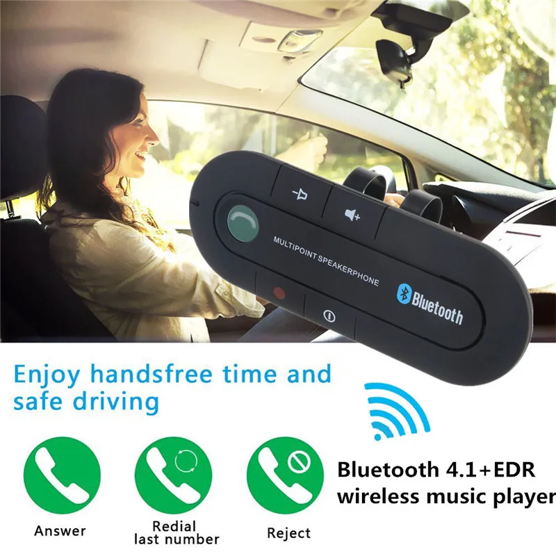 Kebidumei Car Bluetooth 4.1 Multipoint Speakerphone Bass Stereo AUX Car Kit Speaker Handsfree Music Receiver Player