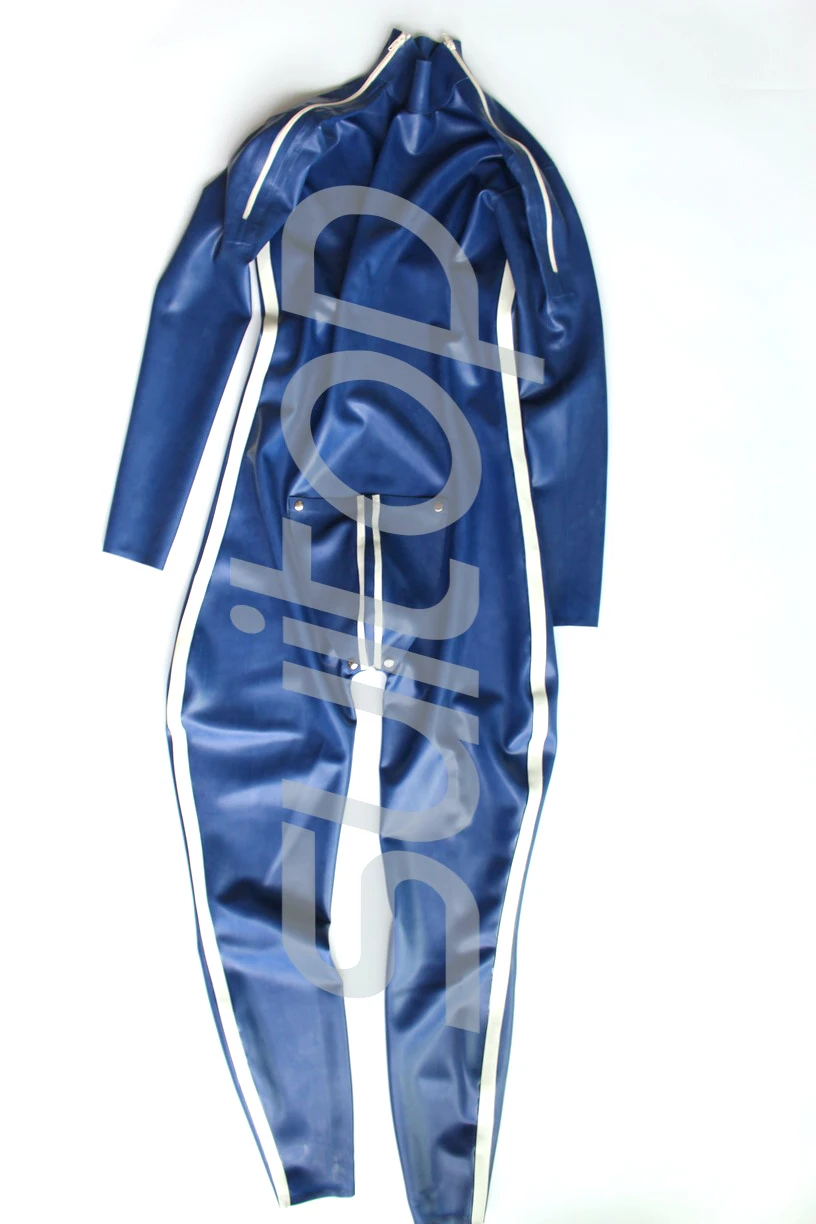 

Men's custom sized latex catsuit with shoulder zipper cod piece croth zippers