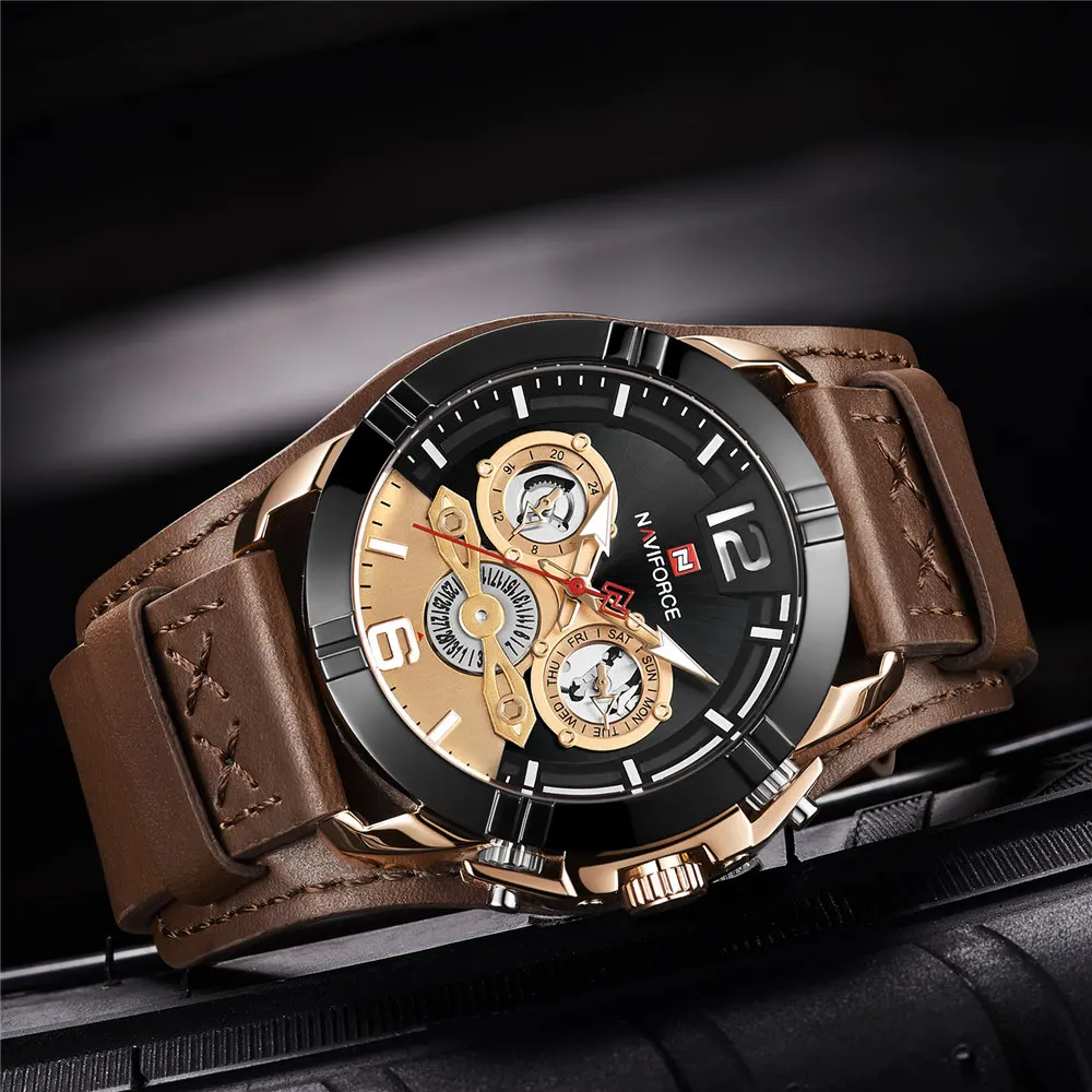 NAVIFORCE мужские часы модные мужские кожаные кварцевые часы для мужчин s люксовый бренд 30 м водонепроницаемые спортивные часы Relogio Masculino коричневый