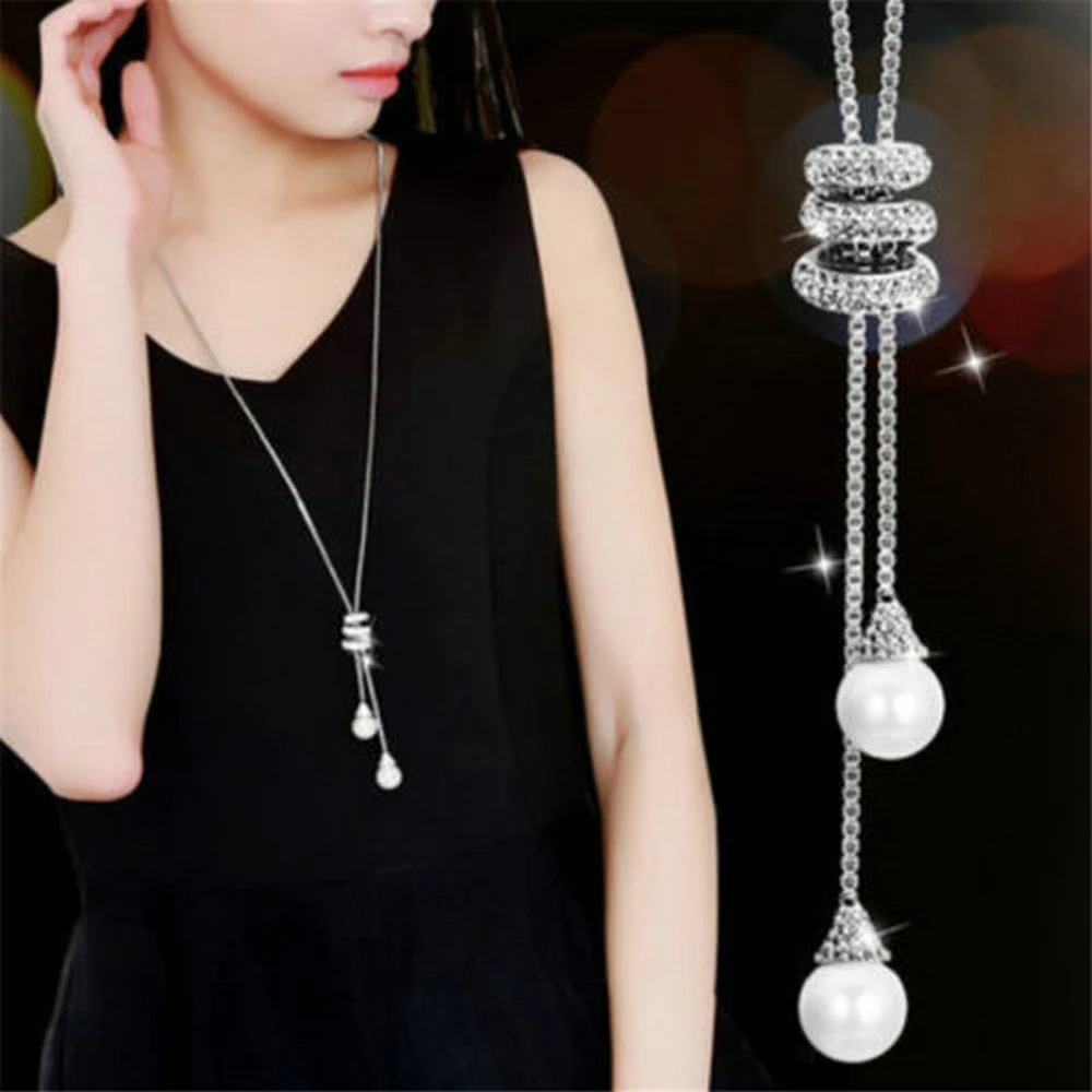 

High Quality Fashion Metal Silver Long Tassel Rhinestone Crystal Pearl Long Chain Necklace Sweater Patry Necklace Jewelry