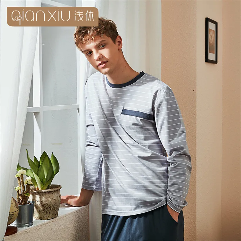 

Autumn Men's Pajamas Long Sleeve Cotton Pyjamas Sleepwear Male Stripe Lounge Pajama Sets round collar pullover Nightwear