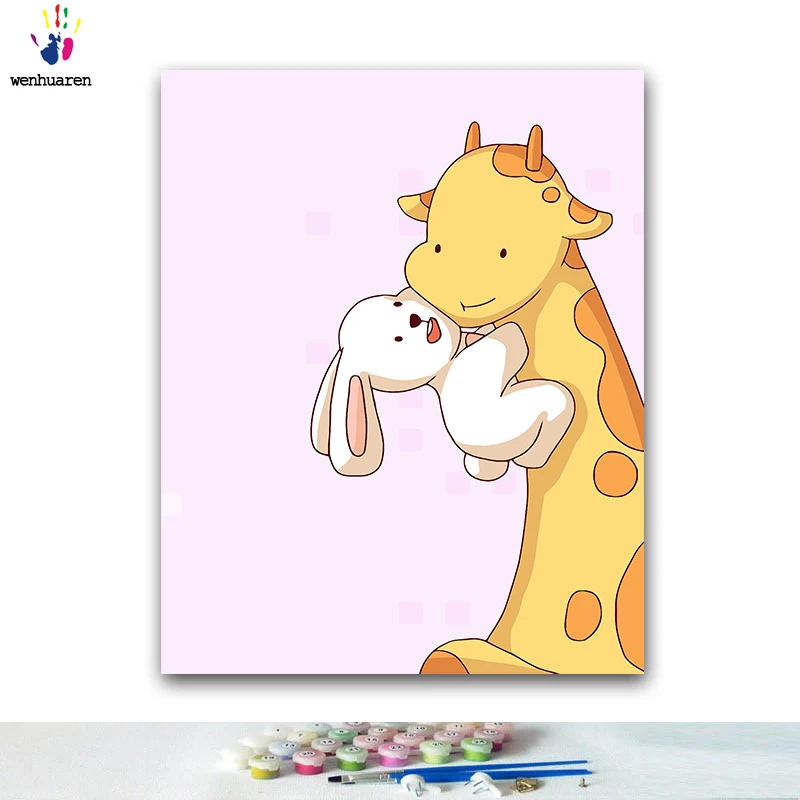 

DIY Coloring paint by numbers Giraffe and white rabbit holding together paintings by numbers with kits 40x50 framed