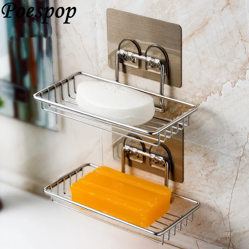 

POSEPOP Stainless Steel Soap Dish Holder Tray Suction Sponge Storage Rack Container Wall Mount for Bathroom Soap Storage Box