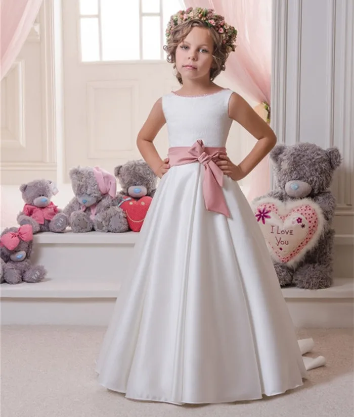 

White Long First Communion Dresses A-line O-Neck Flower Girl Dresses with Bow Sash Vestidos De Comunion Para Ninas