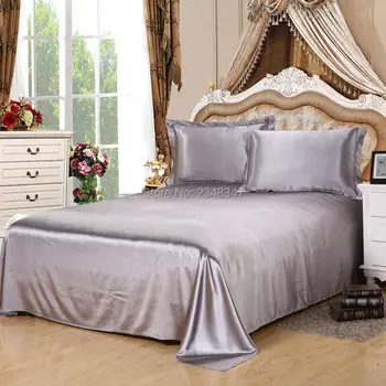 

Luxury Smooth Soft Silky Home Hotel Satin Twin/Full/Queen/King Size Flat Sheet Bed Solid Color Gray Grey Flounce round edge
