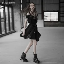 PUNK RAVE New Women's Black Off-shoulders Eyelet-straps Press-studs Front Closure Dress Suspenders Shirt-style Chiffon Ladies PUNK RAVE New Women's Black Off-shoulders Eyelet-straps Press-studs Front Closure Dress Suspenders Shirt-style Chiffon Ladies