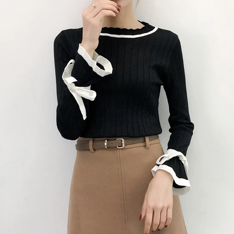 Shintimes Bow Sweater Women Flare Sleeve Womens Winter Fashion 2018 Ruffled Collar Woman Sweater Pullovers Korean Sueter Mujer Shintimes Bow Sweater Women Flare Sleeve Womens Winter Fashion 2018 Ruffled Collar Woman Sweater Pullovers Korean Sueter Mujer