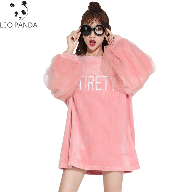 

2019 New Lovely Students Spring Long Paragraph Plus Size Tops Letters Gauze Stitching Puff Sleeve black Sweatshirts Women LCY310