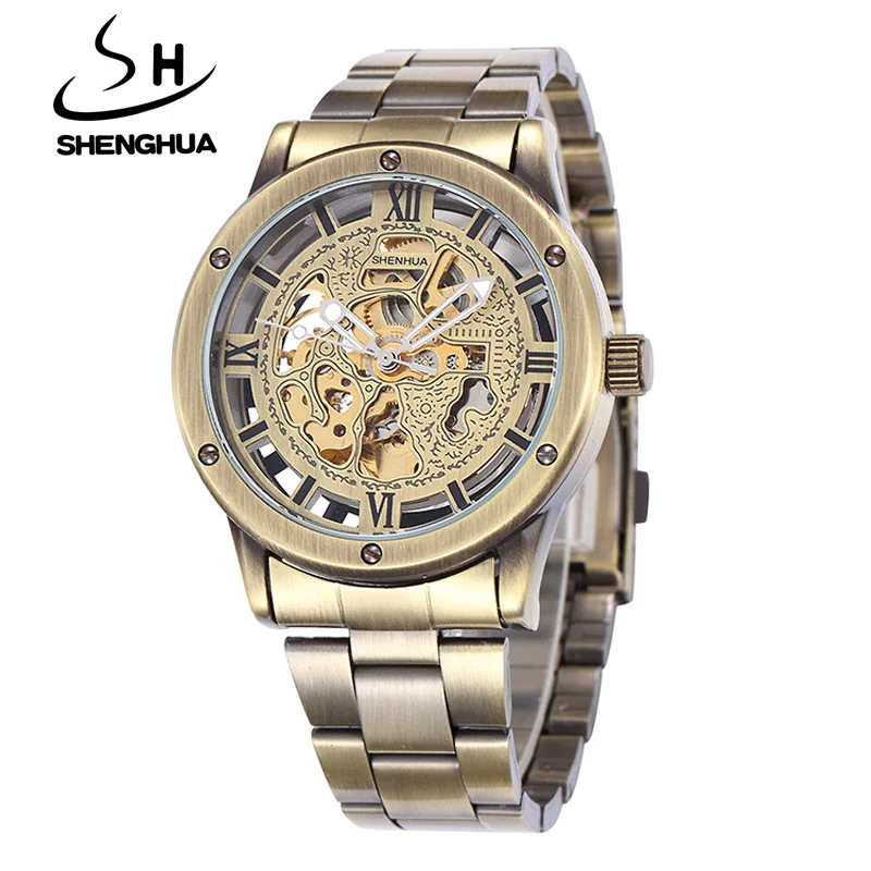 Top Brand Luxury Shenhua Mechanical Watches Men Fashion Retro Bronze Skeleton Automatic Mechanical Watch Wristwatch Reloj