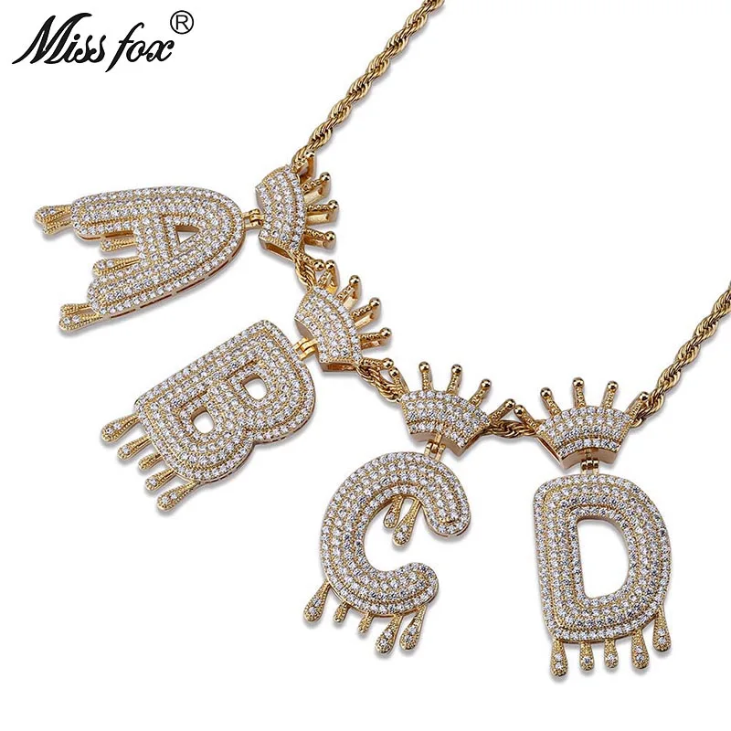 

MISSFOX Hip Hop Freeze A-Z Imperial Crown Iced Out Pendant Long Chain 24K Gold Plated AAA Cubic Zirconia Rock Fashion Neckalce