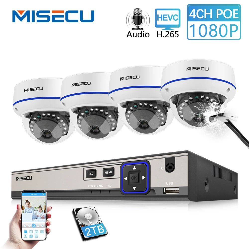 MISECU 4CH 1080 P система видеонаблюдения Аудио запись 2MP PoE IP камера с защитой от