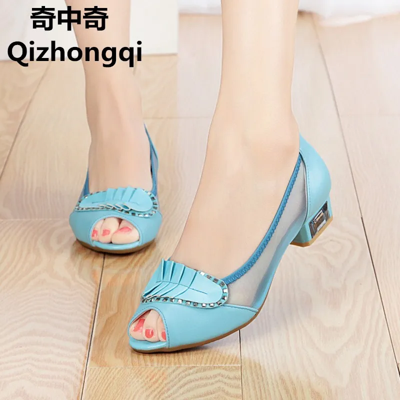 

2017new women genuine leather sandals spring and summer shallow mouth low-heeled fish mouth crystal with Cowhide women net shoes